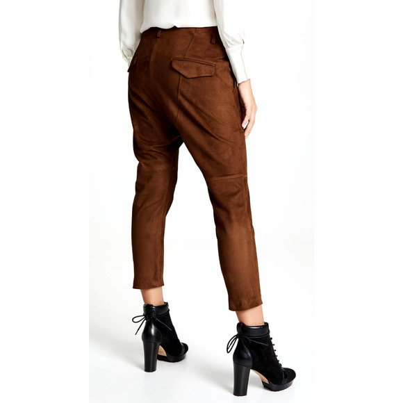 Nili Lotan 8 Goatskin Suede Paris Pants Drop Crotch Slouchy Leather Cognac Brown - Picture 2 of 16